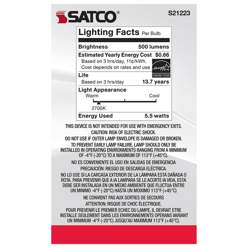 Satco 5.5-Watt LED E26 Light Bulb, 2700K, 15000 Hour Rating,