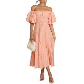 R.Vivimos Off-Shoulder Dresses for Women Summer Puff Sleeve Empire Waist Casual Ruffle A-Line Flowy Midi Dress with Belt (X-Large, Peach)