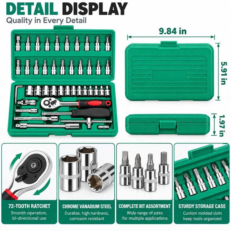 46-Piece 1/4 Inch Drive Socket Set – Metric Ratchet Wrench
