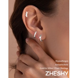 ZHESHY 3 Pairs of Earrings Silver 925/Gold Set for Women 14k Gold-Plated Silver Small Hoop Earrings Hanging Cubic Zirconia Hypoallergenic Golden Stud Earrings for Multiple Piercings Women Girls,