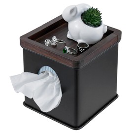 MyGift Deluxe Tissue Box Cover, Modern Wall Mount or Countertop Square Facial Tissues Holder, Matte Black Metal with Rustic Burnt Solid Wood Tray Lid – Fits Up to 4.5 Inch Cube Boxes