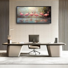 Flamingo Wall Art for Living Room, Large Pink Birds Canvas Wall Decor, Animal Lake Pictures Framed Painting, Modern Artwork for Bathroom Bedroom 60L'' × 30W''