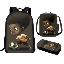 Gongbawa African Black Boy Bookbag 3 In 1 Set for Men Kids Backpack Lunch Insulated Box with Adjustable Shoulder Strap School Bag and Bento Bag+Pencil Case