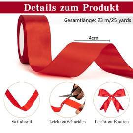 Gift Ribbon Red 40 mm Satin Ribbon 23 Metres Ribbon Red Ribbon for Gift Wrapping Silk Ribbon Red Gift Ribbons for DIY Hair Bows Fabric Ribbon for Christmas New Year's Eve Decoration
