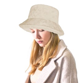 Women Plush Fluffy Bucket Hat Warm Lining Winter Faux Fur Cozy Wide Brim Winter (Beige)