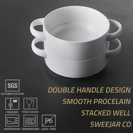 SWEEJAR Ceramic Soup Bowl with Double Handles, 20 Oz Stacked Bowls for French Onion Soup, Cereal, Stew, Chill, Pasta, Set of 4 (White)