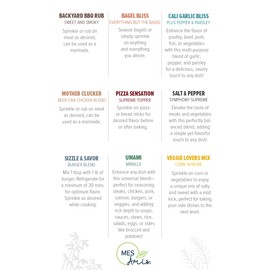 MES Amis Ultimate 9-Pack - Gourmet Blends & All-Purpose Seasoning Collection | Sizzle & Savor Burger Blend (7.3 ounces) + Pizza Sensation Supreme Topper (4.5 ounces) + Bagel Bliss Everything But The Bagel (8.3 ounces) + Salt & Pepper Symphony Supreme (10.5 ounces) + Cali Garlic Bliss Plus Pepper & Parsley (9 ounces) + Umami Miracle (3.9 ounces) + Veggie Lovers Mix Corn 'N More (3.5 ounces) + Backyard BBQ Rub Sweet and Smoky (10.5 ounces) + Mother Clucker Beer Can Chicken Blend (8 ounces)