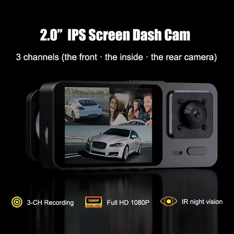 Dash Camera Triple Lens Rotatable HD1080P Night Vision 2in ISP