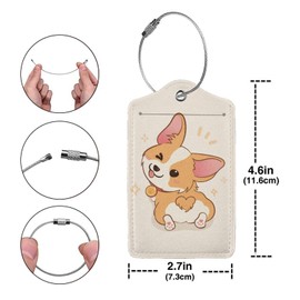 2 Pack Luggage Tags Cute Corgi Cartoon Animal Dog Pet Suitcase Leather Privacy Cover Id Label with Stainless Steel Loop for Women Men Travel