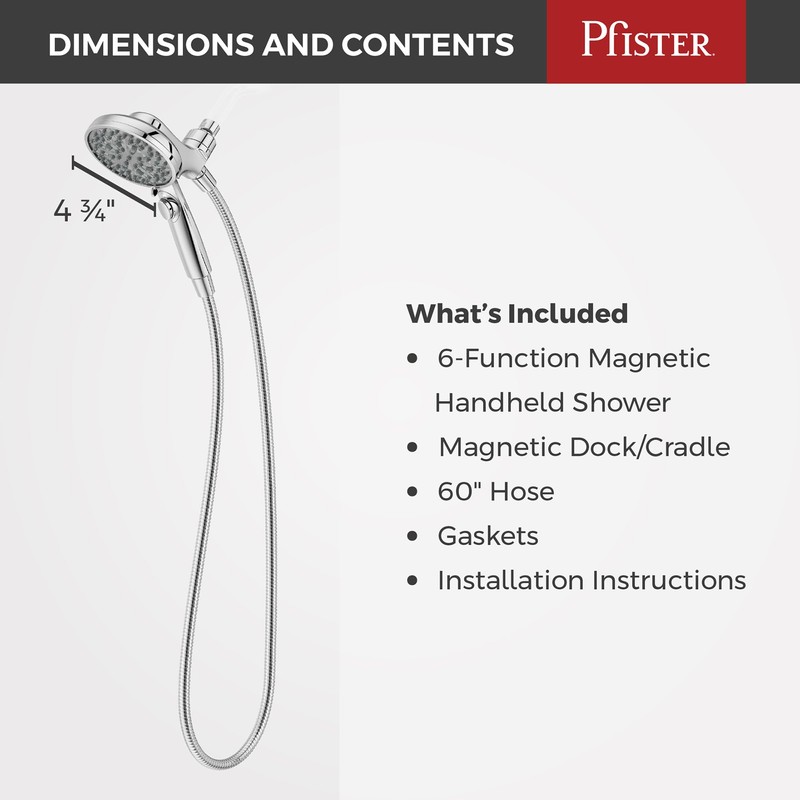 Pfister HydroFuse Handheld Shower Head, Hose Included, Magnetic Docking, 6-Function,