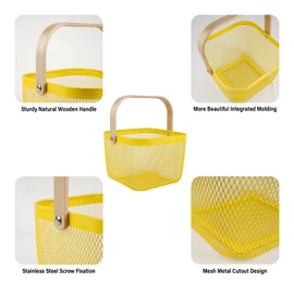 SANHSEHOME Metal Mesh Steel Harvest Basket, Square Wire Garden Basket with Handle – Multi-Functional Storage Organizer for Gathering Vegetables, Fruits, Kitchen, Garden, Picnic & Cabinet (Yellow)