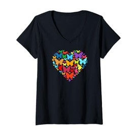 Womens Colorful Cute Hearts Shape Silhouette Lover - Butterfly V-Neck T-Shirt