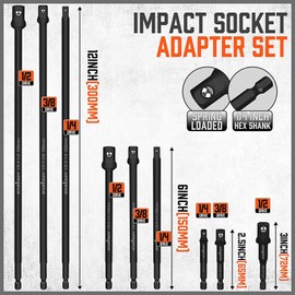 TOP-VIGOR 9Pcs Impact Socket Adapter Set, 1/2 1/4 3/8 Inch Socket Driver Adapter, 3-Inch 6-Inch and 12-Inch Long Drill Socket Adapter Extension for High Torque Impact Wrench