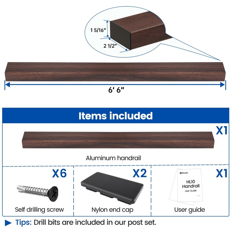 Muzata 6'6" Aluminum Handrail Flat Handrail Walnut Wood Grain Cable