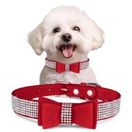 Crystal Dog Collar with Bow Tie,Soft Puppy Bling Collar for Extra Small,Small,Medium Dogs(Red,XS)