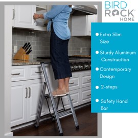 BIRDROCK HOME 2 Step Ladder | Folding Anti-Slip Step Stool, 250 lb Capacity | Lightweight, Slim & Sturdy Design for Household, Kitchen, Garage, Indoor & Outdoor Use | Collapsible, Portable, Heavy-Duty