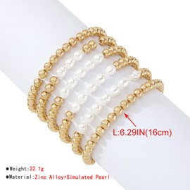 COLORFUL BLING 5-6Pcs Imitation Pearl Stretch Bracelet Set for Women Gold Beaded Flat Strand Stackable Crystal Rhinestone Layered Bracelet for Women Girls Jewelry, beads Crystal, crystal