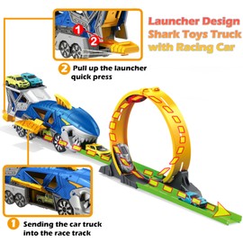 Frontoytall - Juego de pista de coche de juguete de tiburón con lazo y lanzador, juguetes de coche de carreras para niños y niñas de 3 a 9 años, vehículo portador de juguetes de tiburón para niños de