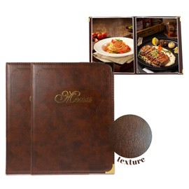GlimVilo Premium Faux Leather Menu Covers - Set of 2, Brown Restaurant Menu Holders, 14 Views, 7 Pages, Durable Leather Menu Books - Stylish & Functional for Enhanced Dining Experience