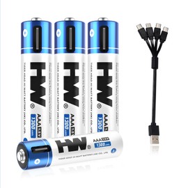 HW USB Rechargeable AAA Lithium Batteries, 4 Pack Lithium Triple A Batteries 1300mWh, 1.5V Constant Output, 1.5H Fast Charg with USB-C Cable, 1600 Cycles