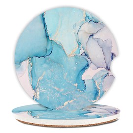 Adastrah Absorbent Car Coasters 2 Pack for Cup Holders Set for Women/Men, 2.56" Ceramic Stone & Non-Scratch Cork Base Drink Coasters Golden Blue Marble.