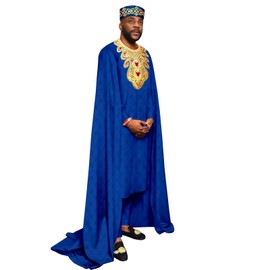 African Clothes for Men Embroidery Agbada Robe Pants Tribal Hat 3 Piece Set Wedding Outfits Traditional Attire Blue Medium