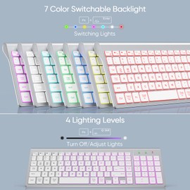 SABLUTE Wireless Keyboard with 7 Colored Backlits, Rechargeable Silent Compact Cordless Computer Keyboard with Low Profile Quiet Light Up Keys for Windows, PC, Linux, Chrome, Mac (Silver)