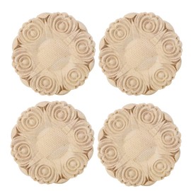 4 Pieces Wooden Carved Onlay Appliques Round Unpainted Wood Carving Stickers European Style Carved Appliques Home Furniture Decoration Home Decor Accessories for Door Wall S