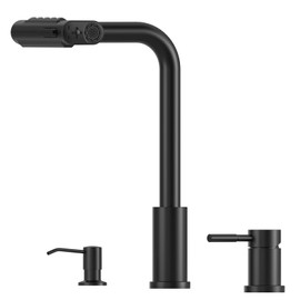 Waterfall 3 Hole Matte Black Kitchen Sink Faucet with Separate Handle and Soap Dispenser, AJO BEND Stainless Steel 5-Mode Pull Down Faucets for Kitchen/Bar/RV Sink, Single Handle 360° Swivel