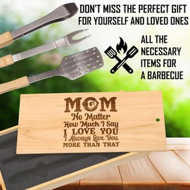 Love for Mom Engraved BBQ Tool Set: Stainless Steel Spatula, Tongs & Fork - Perfect Mother's Day Gift, Custom Box Design with "MOM" Message, Show Appreciation for Motherhood with Every Grill