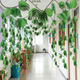 Preboun 2 Pcs 20ft Jungle Theme Party Decorations Tropical Rainforest Leaves Safari Artificial Rattan Decorations with 100 Pcs Fake Tropical Palm Leaves for Indoor Outdoor Forest Garden Party Decor