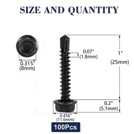 #12 x 1" Sheet Metal Screws 100PCS 410 Stainless Steel Hex Washer Head Tek Screws Fast Self Tapping Screws Black Oxide by SG TZH