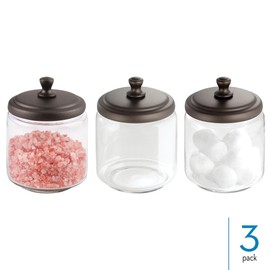 iDesign Glass Bathroom Lid for Countertop or Vanity Storage-Set of 3-Clear/Bronze Canister, Pack of 3