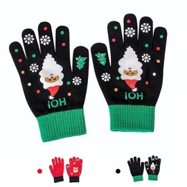 Christmas Magic Stretch Gloves, Kids Knit Full Finger Gloves Winter Gloves Santa Christmas Winter Knit Gloves Colorful Warm Children Mitten, Perfect Winter and Christmas(Santa, Black-A)