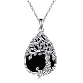 YAFEINI Tree of Life Necklace Sterling Silver Black Onyx Jewellery Teardrop Family Tree Pendant Necklace for Women Girl