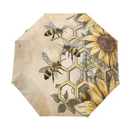 Sletend Rural Honey Bees Wildflowers Portable Folding Windproof Automatic Umbrella,One Touch Auto Open and Close Button Compact Travel Umbrella for Women Men Kid