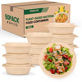 100 Piece (50 Pack) Meal Prep Bowl Containers with Lids, Cornstarch Round Food Containers for Lunch Salad Deli Soup, BPA Free Plant-based Take Out Containers Microwave & Freezer Safe, 16 oz