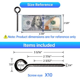 Muzata 10 Pack Black Screw Eye Hooks 3.3 Inch Stainless Steel Eye Screws for Wood M6 Heavy Duty Eyelet Hooks Securing Cables Wire Self Tapping Indoor Outdoor CR18