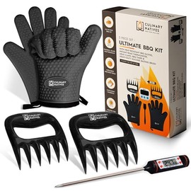 Guantes de ahumador y garras de carne | Termómetro de lectura instantánea | Guantes ahumadores de silicona número 1 y garras de cerdo tiradas | Guante