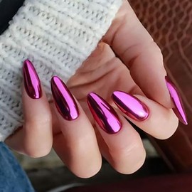 Fokostar 1 Jar Magenta Red Chrome Nail Powder for Gel Nails Art Design Holographic Reflective Manicure Glitter Dust Metallic Magic Mirror Effect with Tool