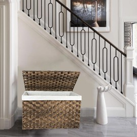 MOORLITER Storage Basket with Lid, 27.7 Gallon (105L) Wicker Storage Trunk with Handles, Handwoven Wicker Basket for Blanket, Removable Liner, Foldable, for Living Room, Laundry Room, Brown