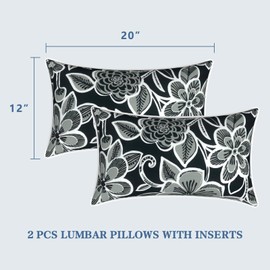 LVTXIII Set of 2 Outdoor Lumbar Pillows for Patio Furniture with White Piping, 12"x20" Fade Resistant Patio Lumbar Pillows with Inserts for Home Coach Sofa Use, Flower Black