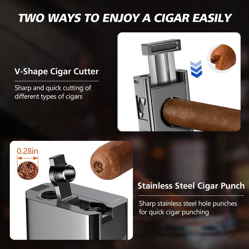 Tesonway Cigar Torch Lighter, 4 Jet Flame Cigar Lighter with