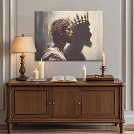 Framed Jesus is the King Christian Wall Art, Jesus and Crown Canvas Wall Decor Christ Biblical Pictures Painting Prints Religious Room Decor for Church Prayer Room Schools Hospitals 24" x 16"
