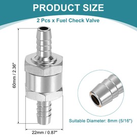 sourcing map 2Pcs 8mm (5/16") Fuel Check Valve, Non-Return One Way Check Valve, Aluminum Alloy Control Accessories for Petrol, Diesel, Gas, Oil, Air, Water, Silver