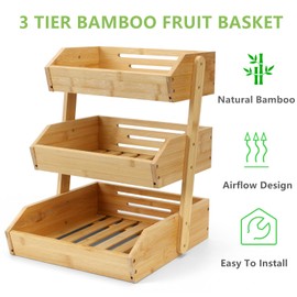 SYTOIGH 3-Tier Bamboo Fruit Basket for Kitchen Counter – Large Space Saving Fruit & Vegetable Organizer with Banana Hanger, Sturdy Durable Storage