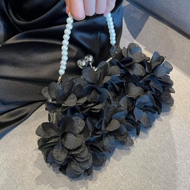 Pandalein Women's Floral Clutch Silk Evening Bag Bridal Bag Dress Bag Handbag with Beads Handle Chain for Wedding Prom Party, black