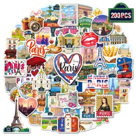 zheyistep 200PCS Paris Stickers for Scrapbook Journal, Waterproof Paris-Themed Travel Stickers for Luggage Water Bottle Laptop, French Landmark Vinyl Decals Party Favors