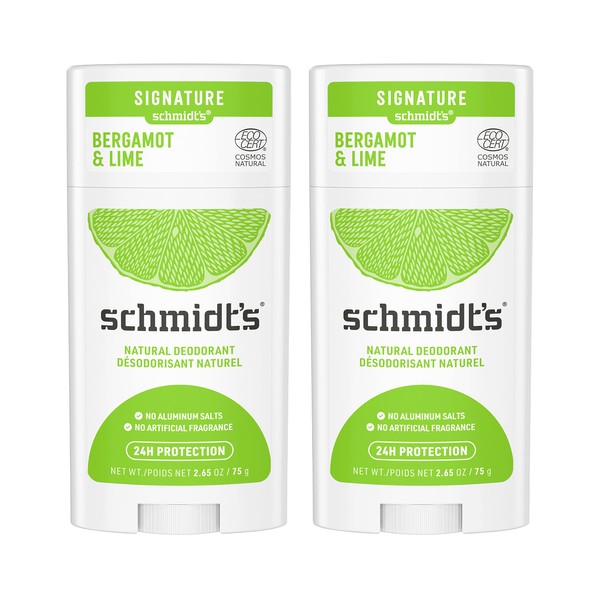 Schmidt's Aluminum Free Natural Deodorant For Women And Men, Bergamot & Lime With 24 Hour Odor Protection, Certified Cruelty Free, Vegan Deodorant, 2.65oz 2 Pack