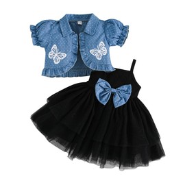 Yanmucy Toddler Baby Girls Dress with Puffy Sleeves Denim Blue Jacket Set 2PCS Little Girls Sleeveless Tulle Tutu Dress Short Sleeve Polka Dot Ruffle Coat Top Outfits